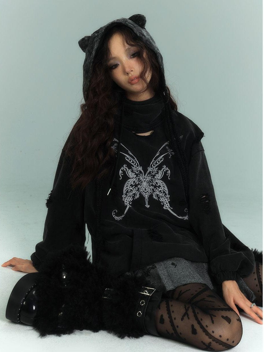 YUKAHOUSE American Vintage Distressed Hooded Women's Cotton Blend Long Sleeve T-shirts