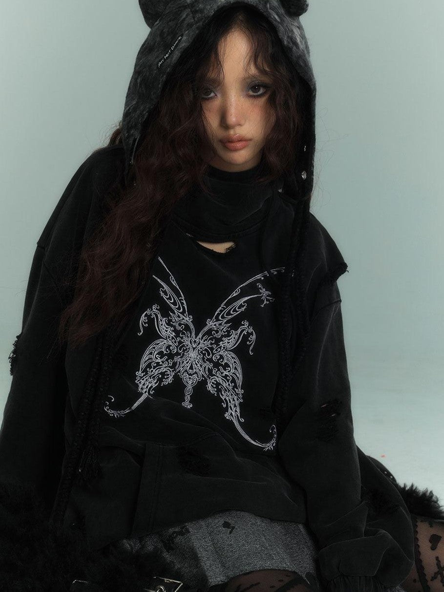 YUKAHOUSE American Vintage Distressed Hooded Women's Cotton Blend Long Sleeve T-shirts