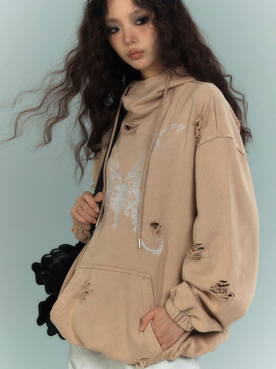 YUKAHOUSE American Vintage Distressed Hooded Women's Cotton Blend Long Sleeve T-shirts