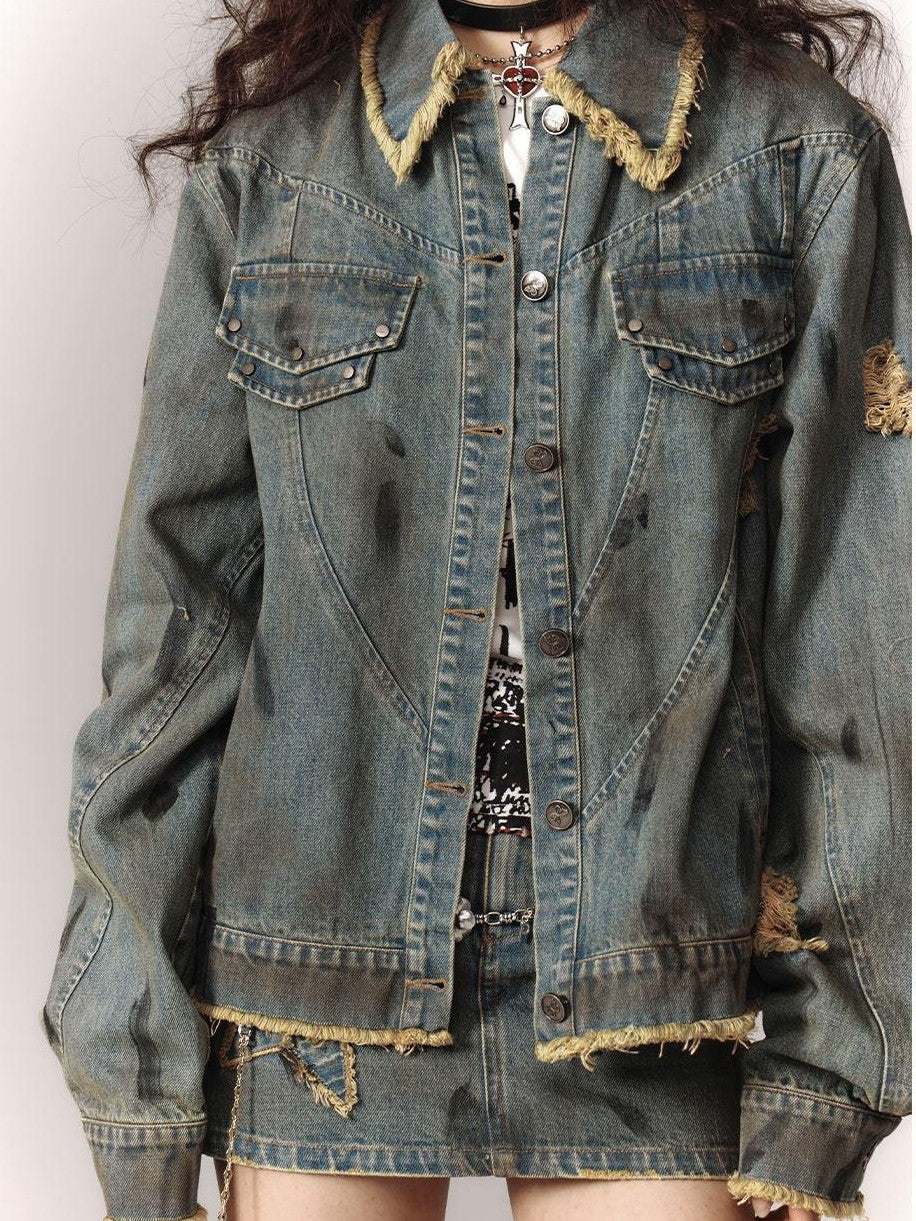 YUKAHOUSE American Vintage Frayed Collar Loose Jacket Women's Denim Matching Skirt Sets