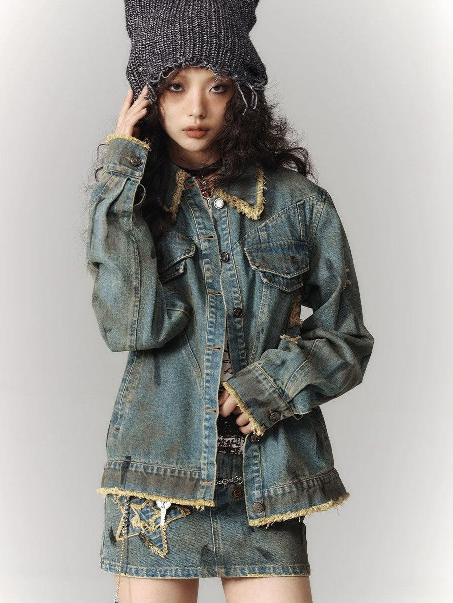 YUKAHOUSE American Vintage Frayed Collar Loose Jacket Women's Denim Matching Skirt Sets