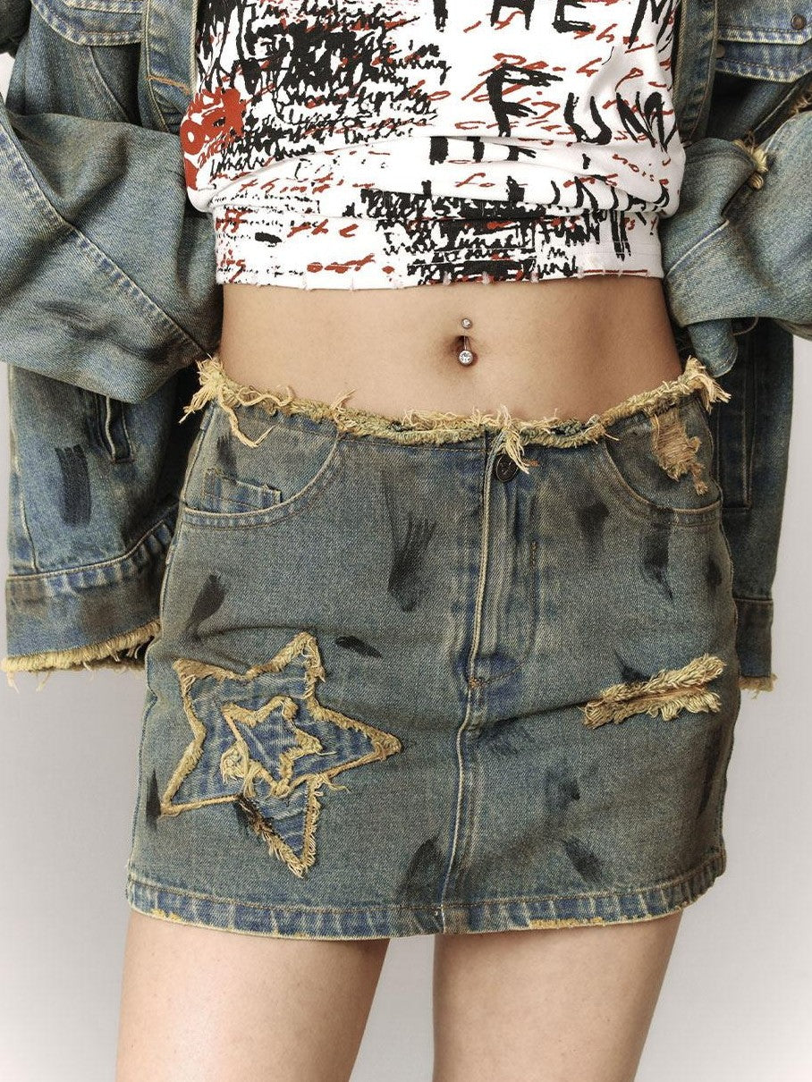 YUKAHOUSE American Vintage Frayed Collar Loose Jacket Women's Denim Matching Skirt Sets