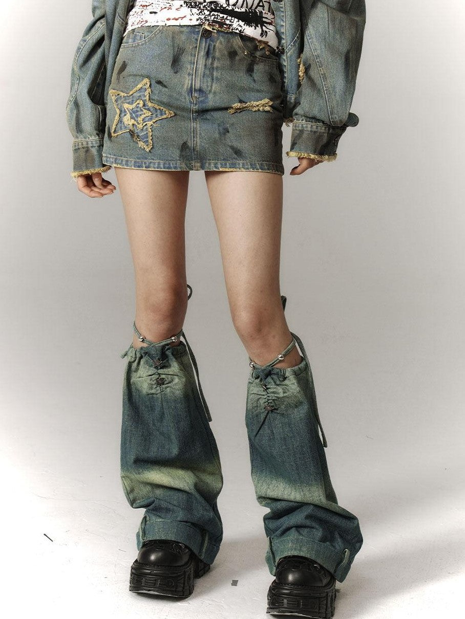YUKAHOUSE American Vintage Frayed Collar Loose Jacket Women's Denim Matching Skirt Sets
