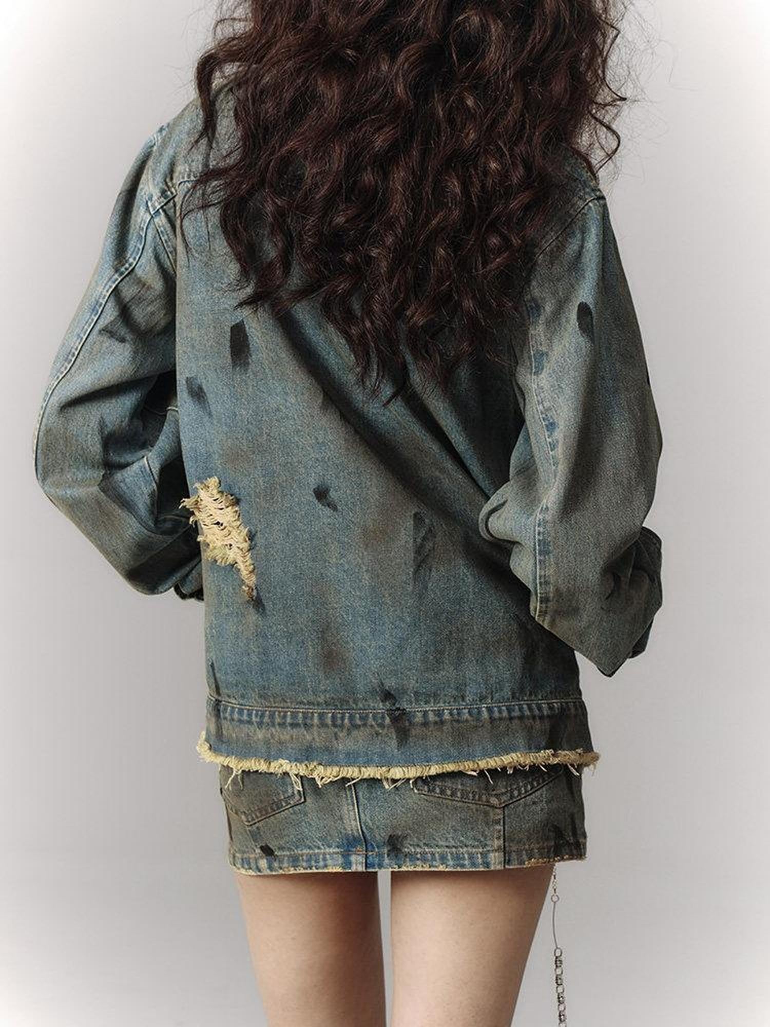YUKAHOUSE American Vintage Frayed Collar Loose Jacket Women's Denim Matching Skirt Sets