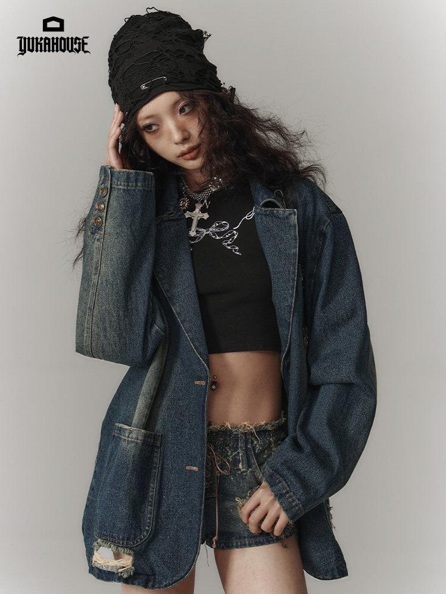 YUKAHOUSE American Vintage Ripped Distressed Oversized Women's Cotton Blend Denim Jackets