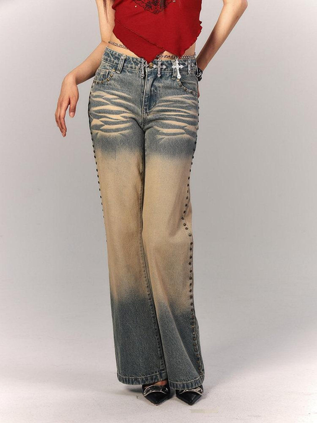 YUKAHOUSE American Vintage Washed Ochre Distressed Low Rise Women's Straight-leg Jeans