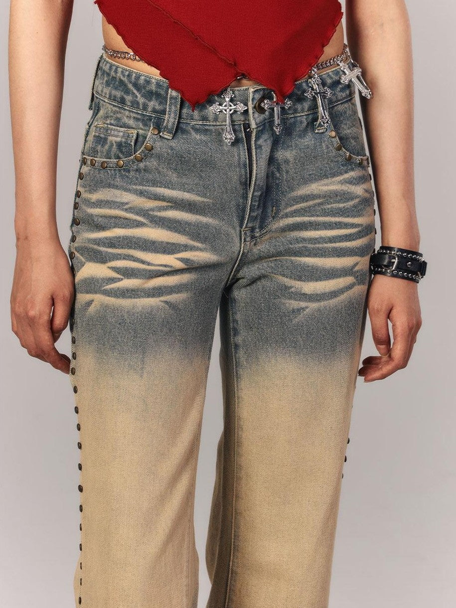YUKAHOUSE American Vintage Washed Ochre Distressed Low Rise Women's Straight-leg Jeans