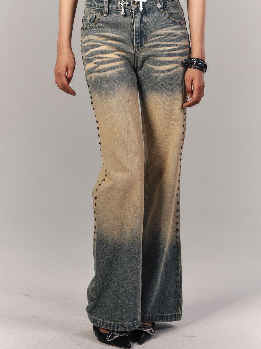 YUKAHOUSE American Vintage Washed Ochre Distressed Low Rise Women's Straight-leg Jeans