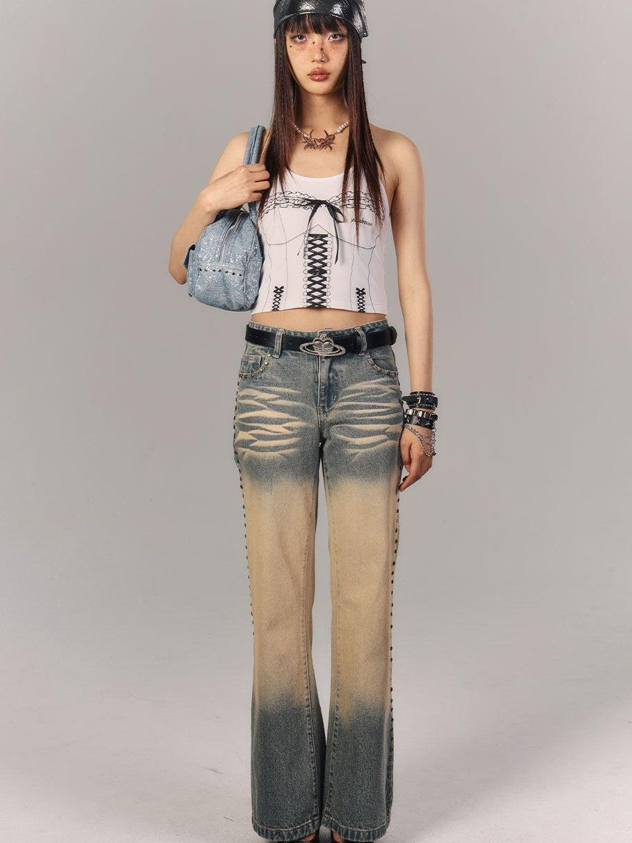 YUKAHOUSE American Vintage Washed Ochre Distressed Low Rise Women's Straight-leg Jeans
