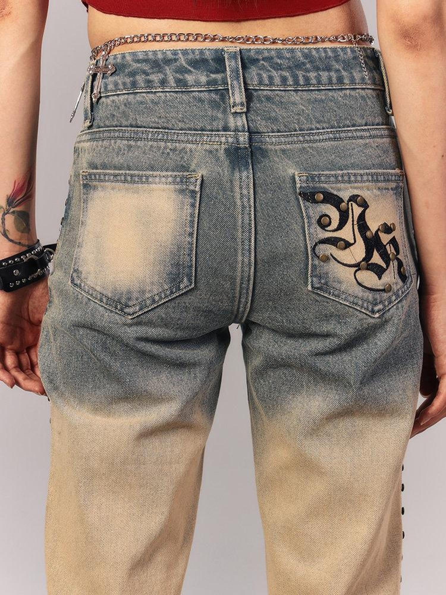 YUKAHOUSE American Vintage Washed Ochre Distressed Low Rise Women's Straight-leg Jeans
