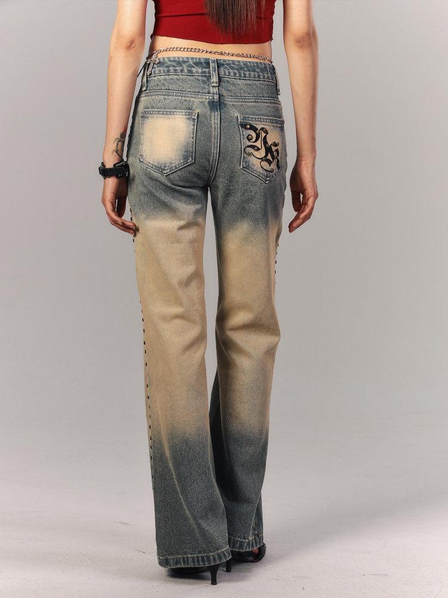 YUKAHOUSE American Vintage Washed Ochre Distressed Low Rise Women's Straight-leg Jeans