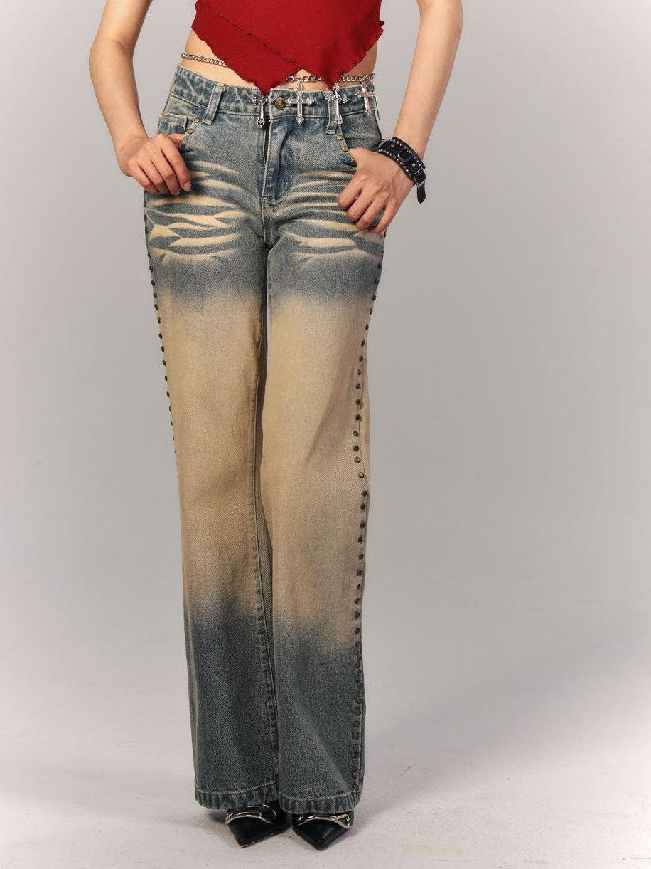 YUKAHOUSE American Vintage Washed Ochre Distressed Low Rise Women's Straight-leg Jeans
