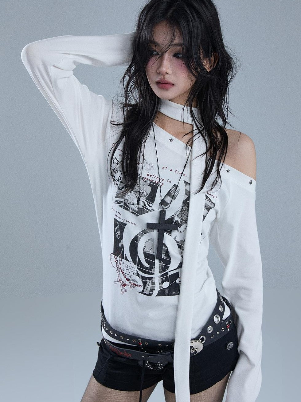 YUKAHOUSE Asymmetric Off Shoulder Print Slim Fit Women's Cotton Long Sleeve T-shirts