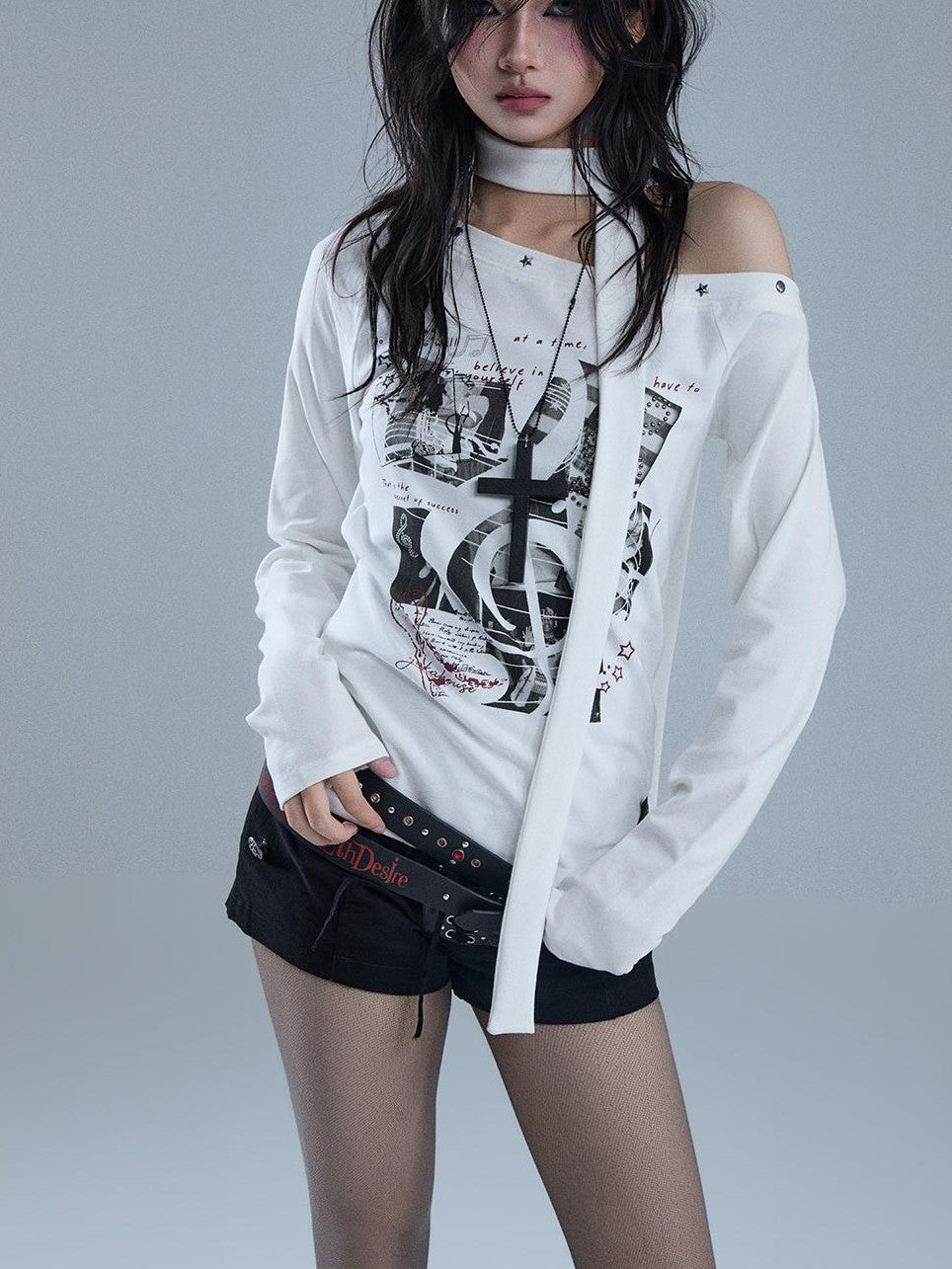 YUKAHOUSE Asymmetric Off Shoulder Print Slim Fit Women's Cotton Long Sleeve T-shirts