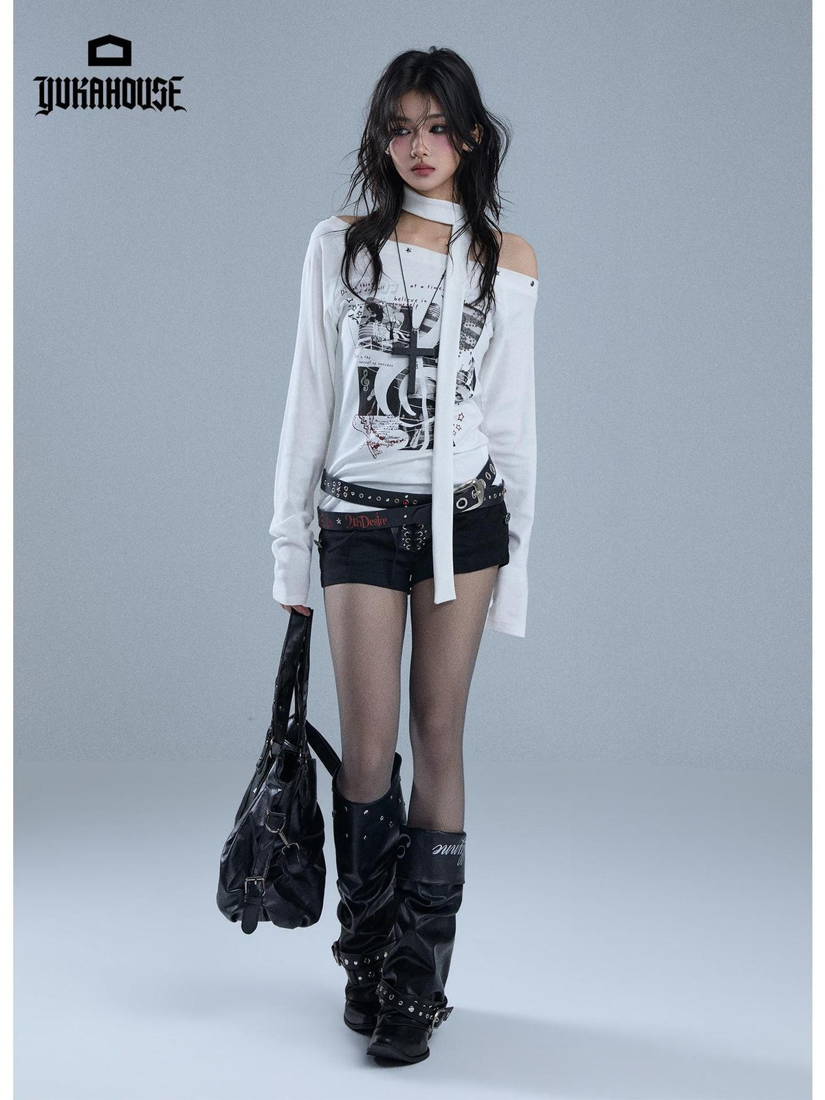YUKAHOUSE Asymmetric Off Shoulder Print Slim Fit Women's Cotton Long Sleeve T-shirts