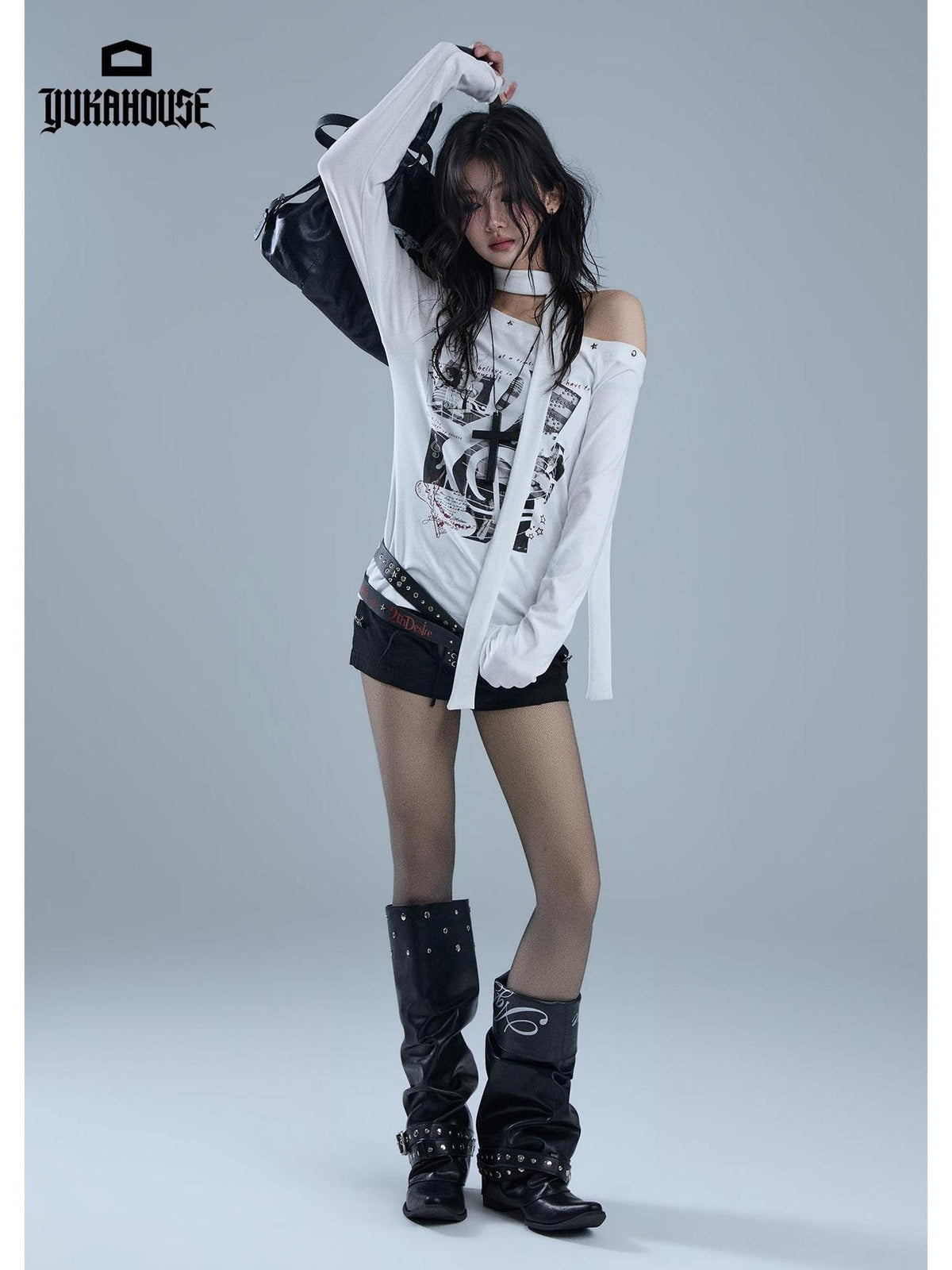 YUKAHOUSE Asymmetric Off Shoulder Print Slim Fit Women's Cotton Long Sleeve T-shirts