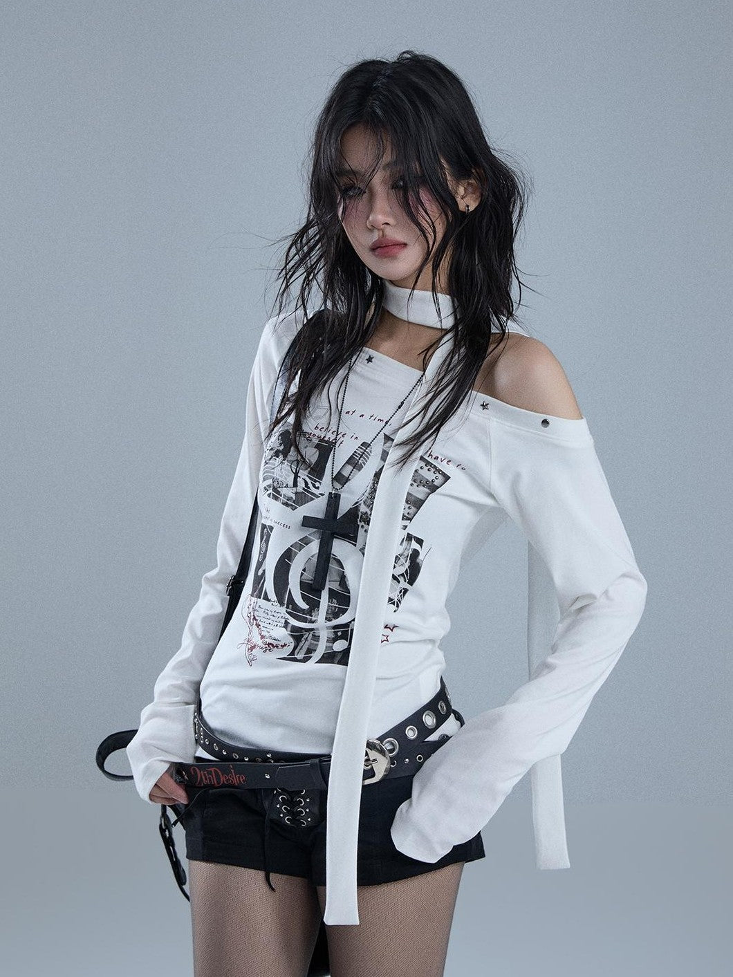 YUKAHOUSE Asymmetric Off Shoulder Print Slim Fit Women's Cotton Long Sleeve T-shirts