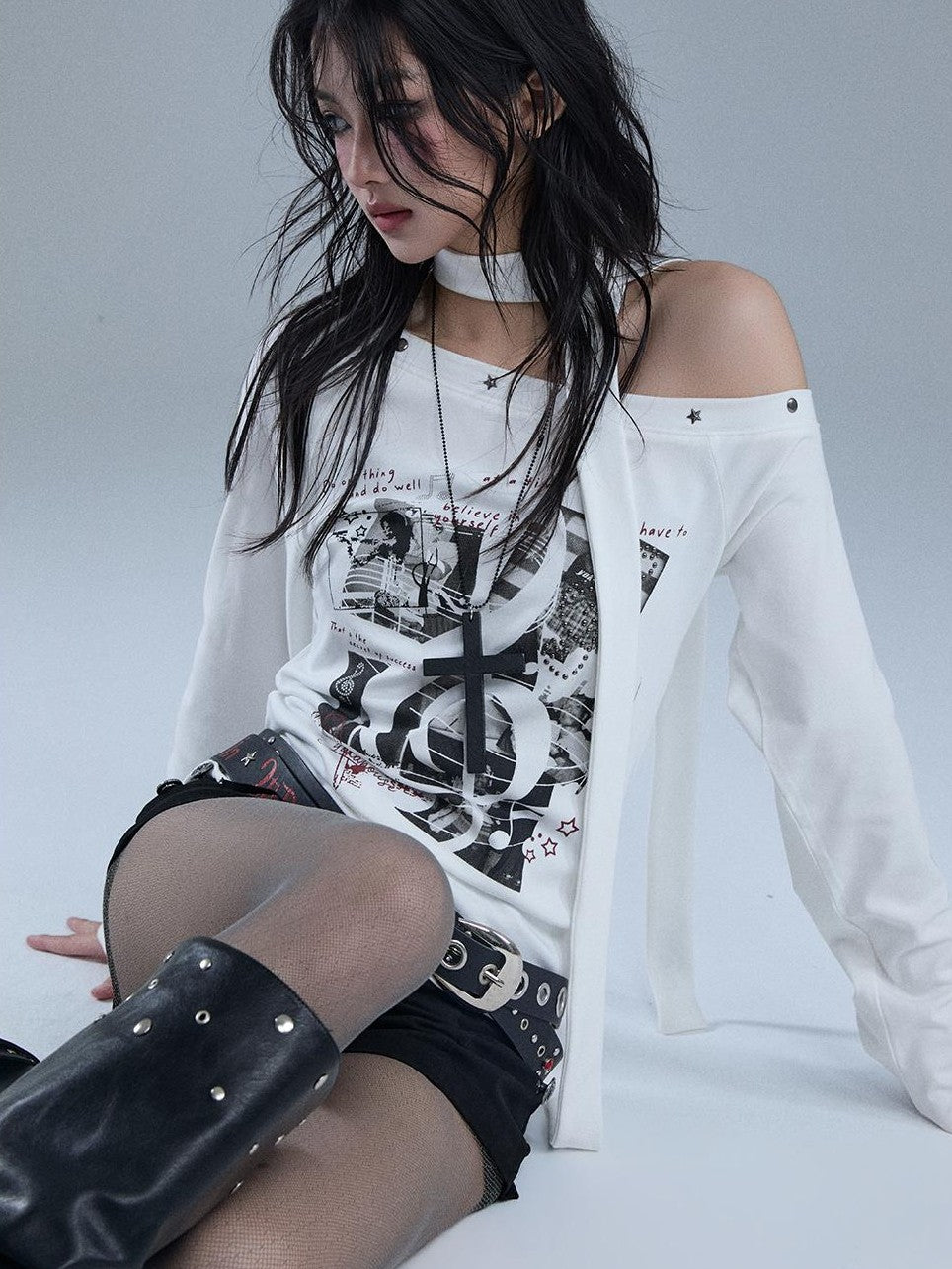 YUKAHOUSE Asymmetric Off Shoulder Print Slim Fit Women's Cotton Long Sleeve T-shirts