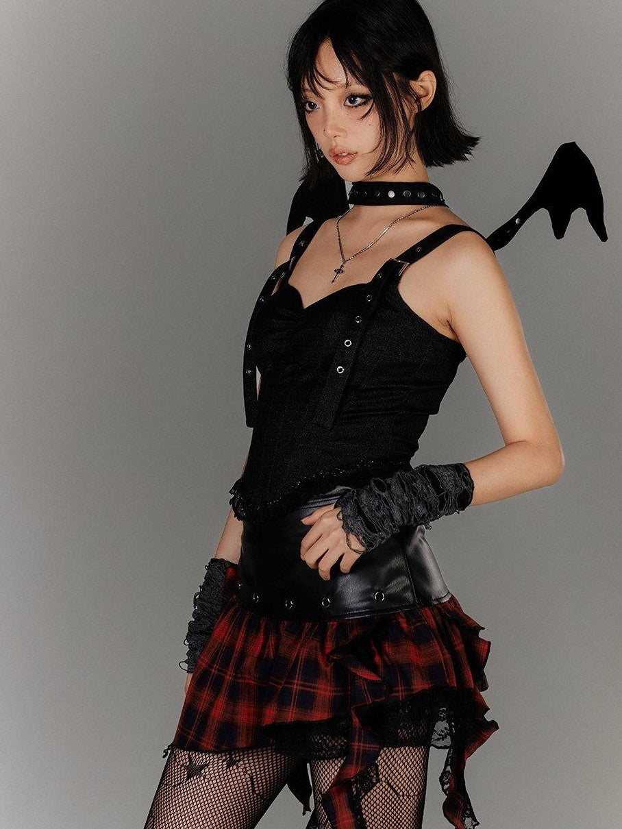 YUKAHOUSE Asymmetrical Ruffle Argyle Patchwork Punk Women's Pu Cotton Mini Skirts