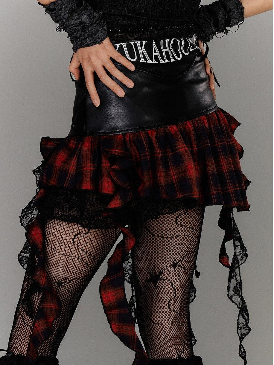 YUKAHOUSE Asymmetrical Ruffle Argyle Patchwork Punk Women's Pu Cotton Mini Skirts
