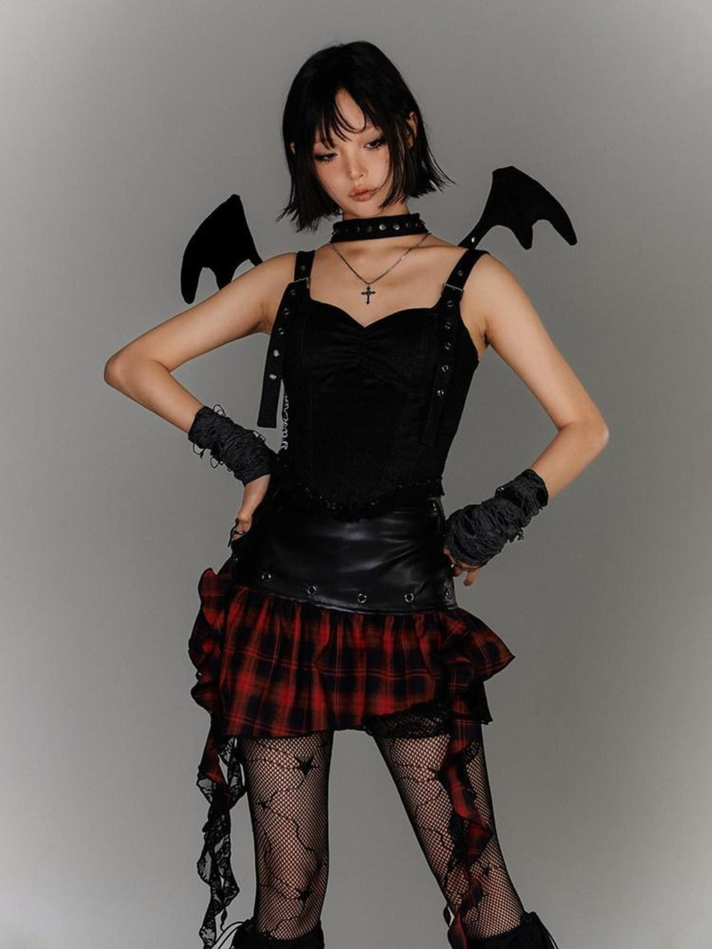 YUKAHOUSE Asymmetrical Ruffle Argyle Patchwork Punk Women's Pu Cotton Mini Skirts
