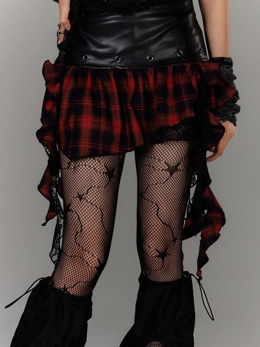 YUKAHOUSE Asymmetrical Ruffle Argyle Patchwork Punk Women's Pu Cotton Mini Skirts