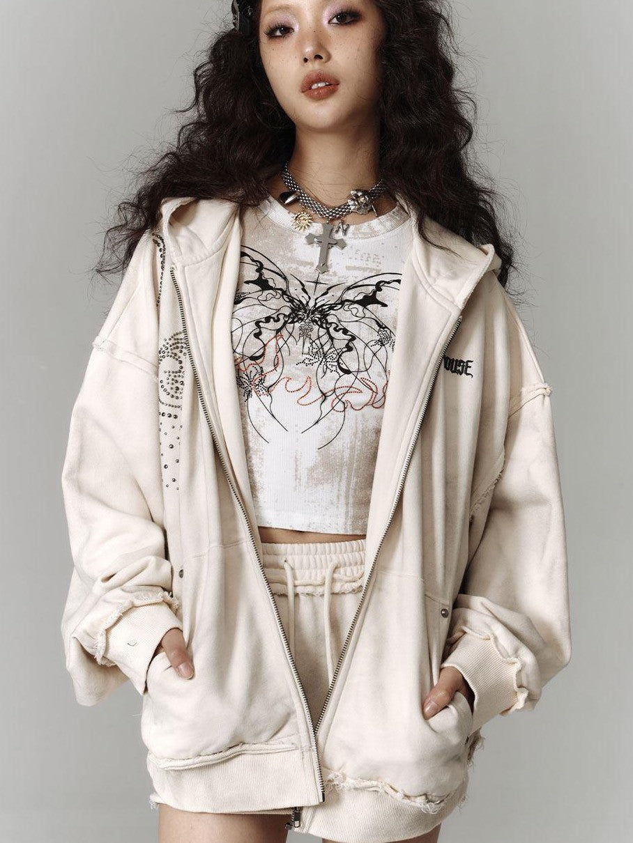 YUKAHOUSE Beige Distressed Wash Drawstring A Line Hip Hugging Women's Mini Skirts