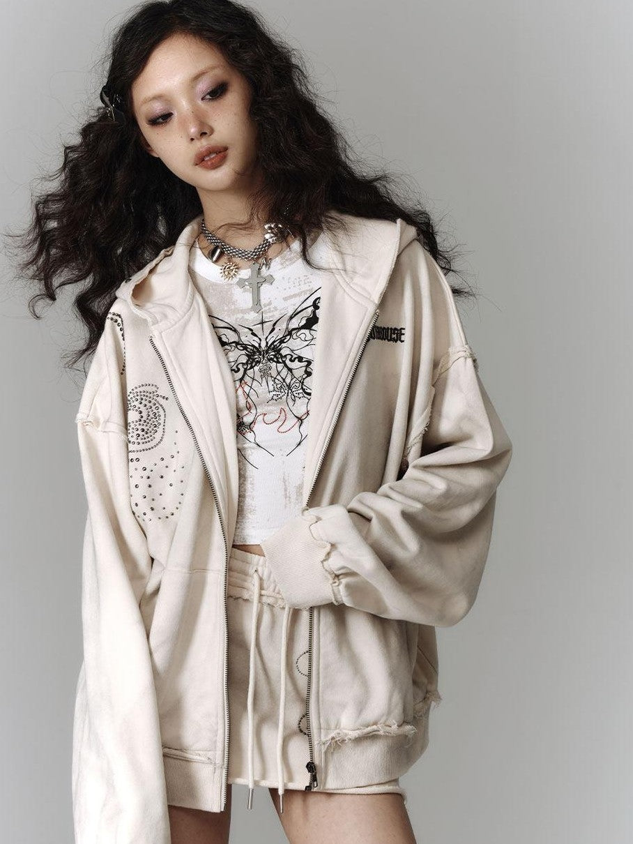 YUKAHOUSE Beige Distressed Washed Oversized Relaxed Hooded Women's Zip-up Hoodies