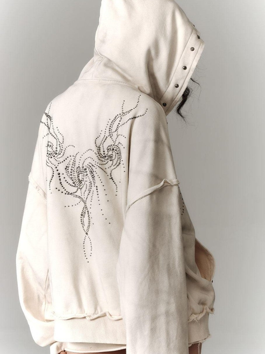 YUKAHOUSE Beige Distressed Washed Oversized Relaxed Hooded Women's Zip-up Hoodies