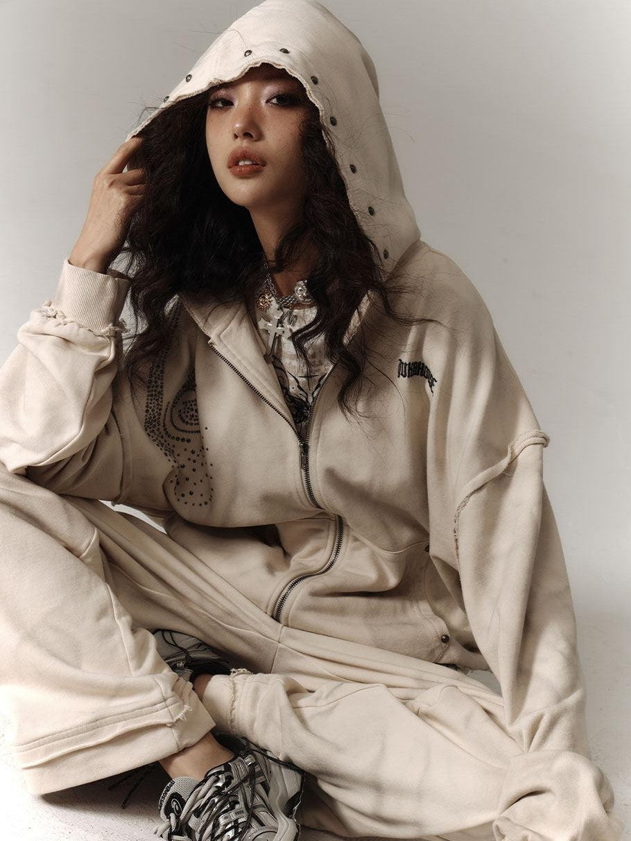 YUKAHOUSE Beige Distressed Washed Oversized Relaxed Hooded Women's Zip-up Hoodies
