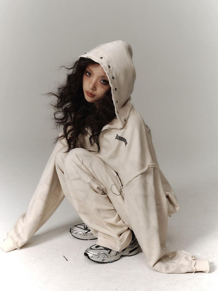 YUKAHOUSE Beige Distressed Washed Oversized Relaxed Hooded Women's Zip-up Hoodies
