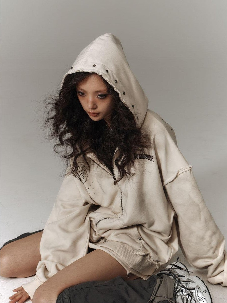 YUKAHOUSE Beige Distressed Washed Oversized Relaxed Hooded Women's Zip-up Hoodies