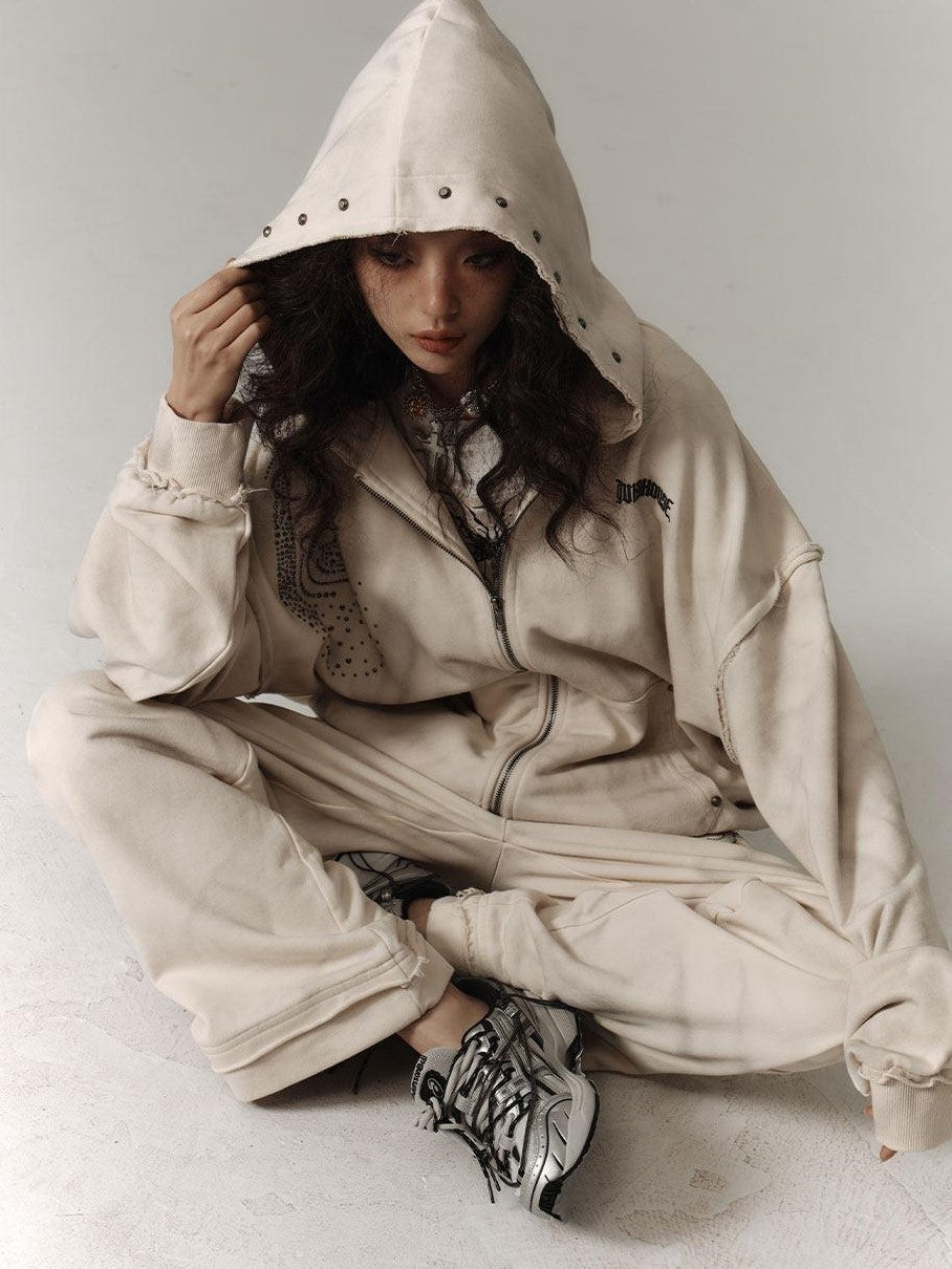 YUKAHOUSE Beige Washed Distressed Retro American Relaxed Women's Track Pants