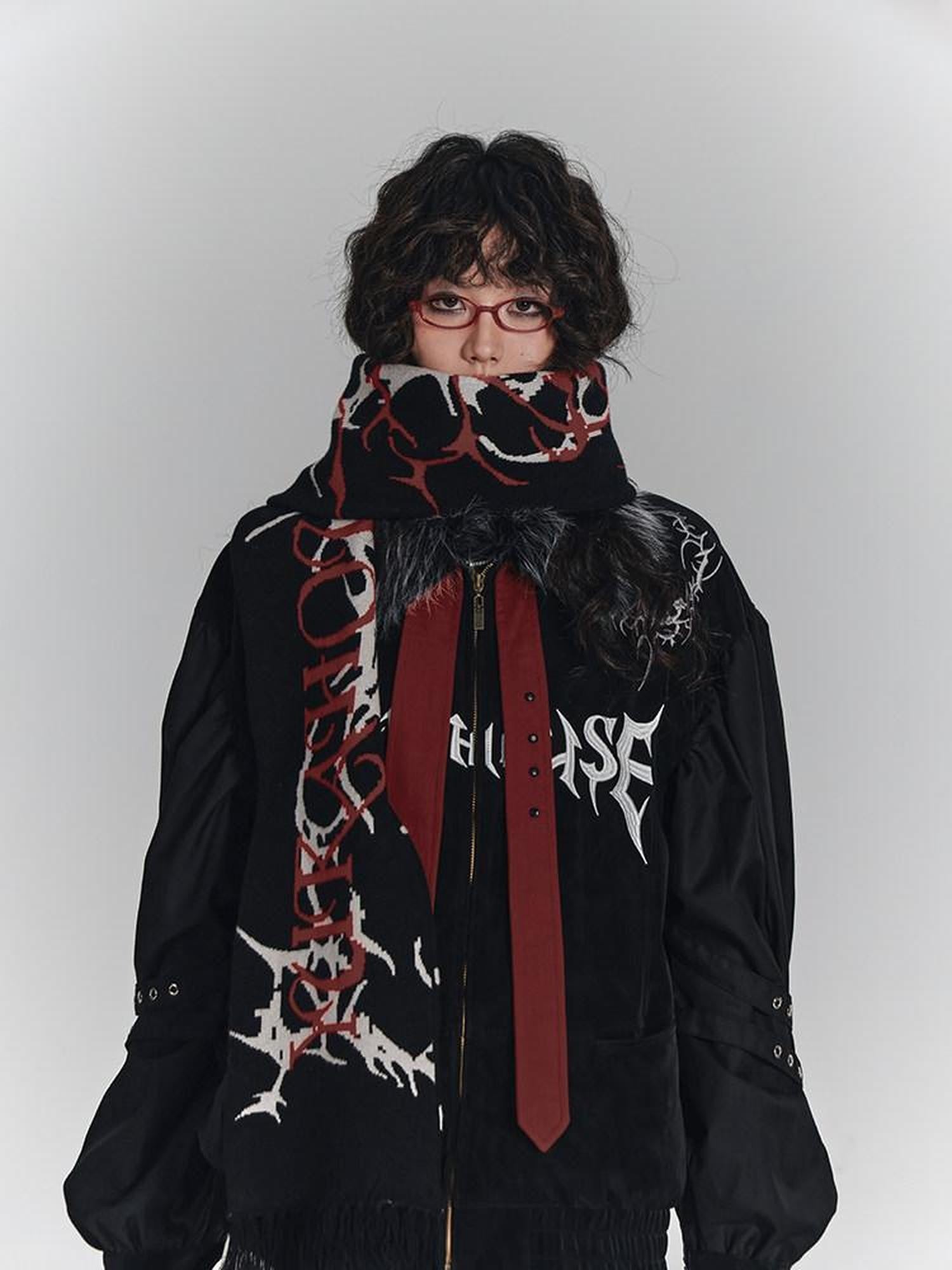 YUKAHOUSE Black American Embroidered Fur Collar Loose Women's Cotton Puffer Jackets