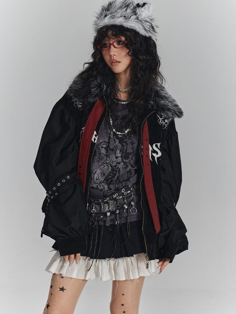 YUKAHOUSE Black American Embroidered Fur Collar Loose Women's Cotton Puffer Jackets