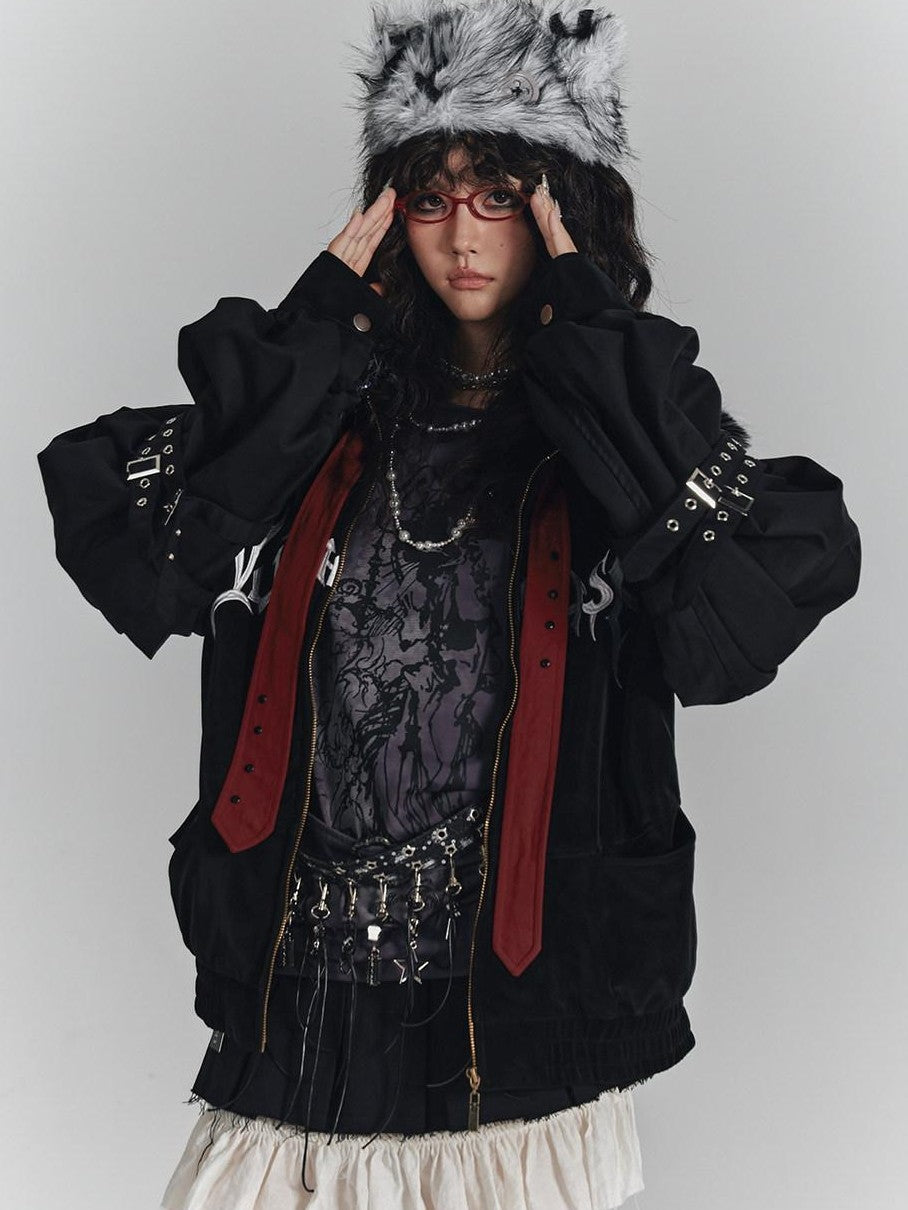 YUKAHOUSE Black American Embroidered Fur Collar Loose Women's Cotton Puffer Jackets