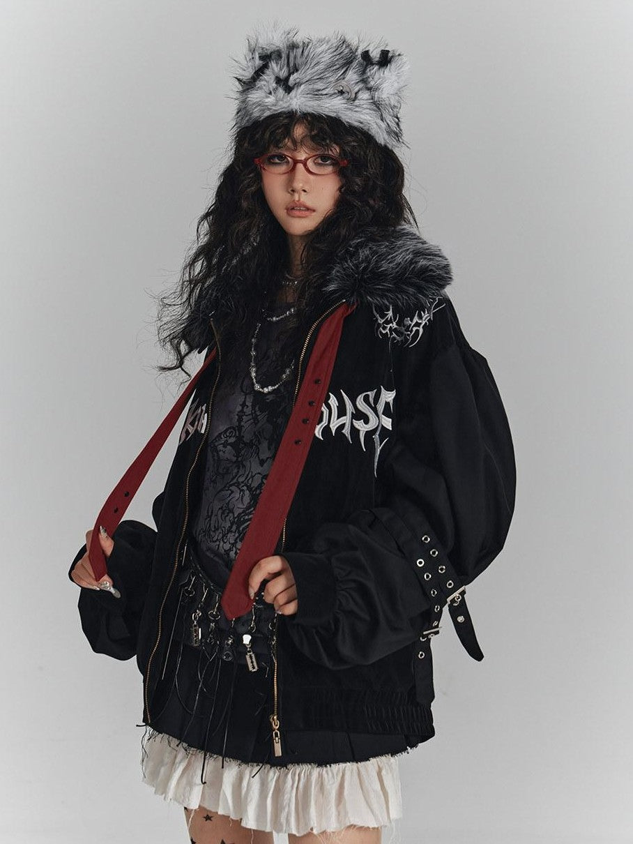 YUKAHOUSE Black American Embroidered Fur Collar Loose Women's Cotton Puffer Jackets