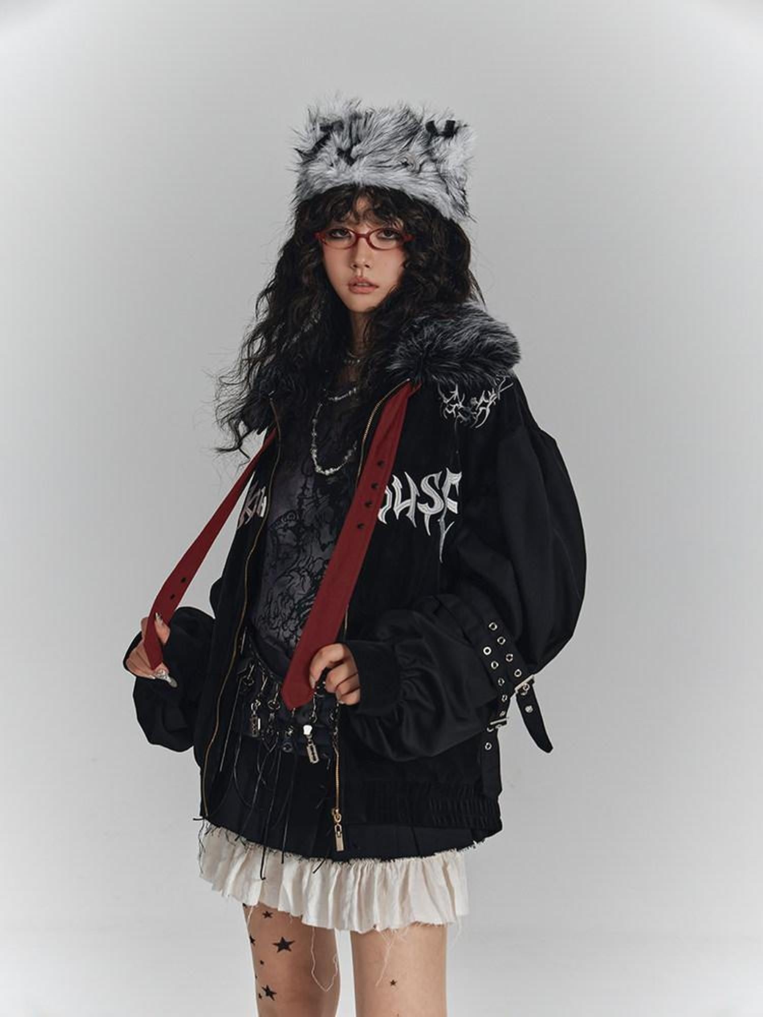 YUKAHOUSE Black American Embroidered Fur Collar Loose Women's Cotton Puffer Jackets