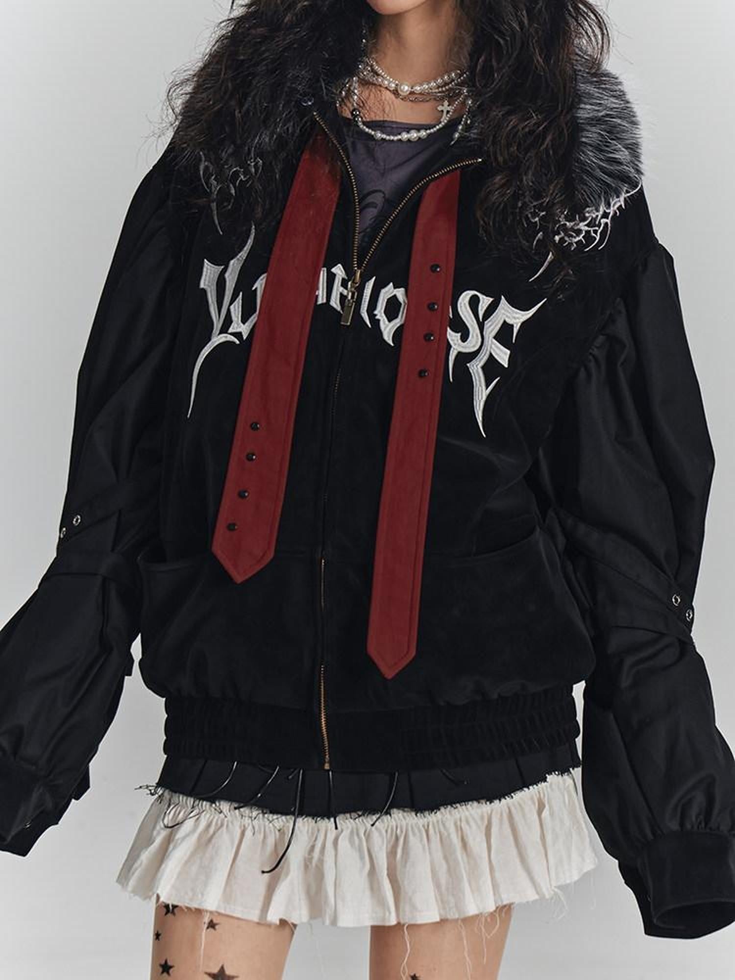YUKAHOUSE Black American Embroidered Fur Collar Loose Women's Cotton Puffer Jackets