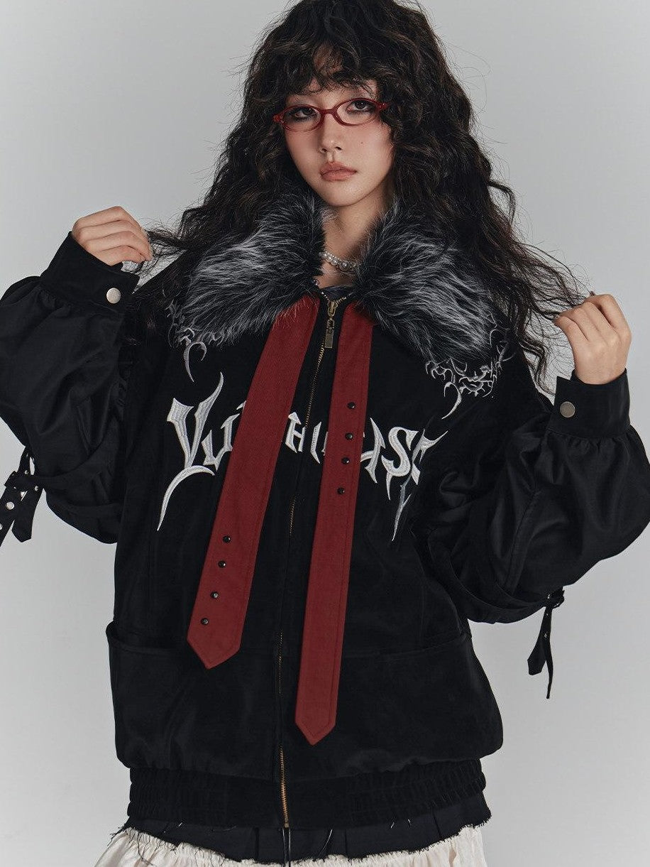 YUKAHOUSE Black American Embroidered Fur Collar Loose Women's Cotton Puffer Jackets