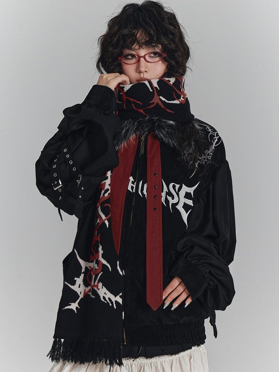 YUKAHOUSE Black American Embroidered Fur Collar Loose Women's Cotton Puffer Jackets