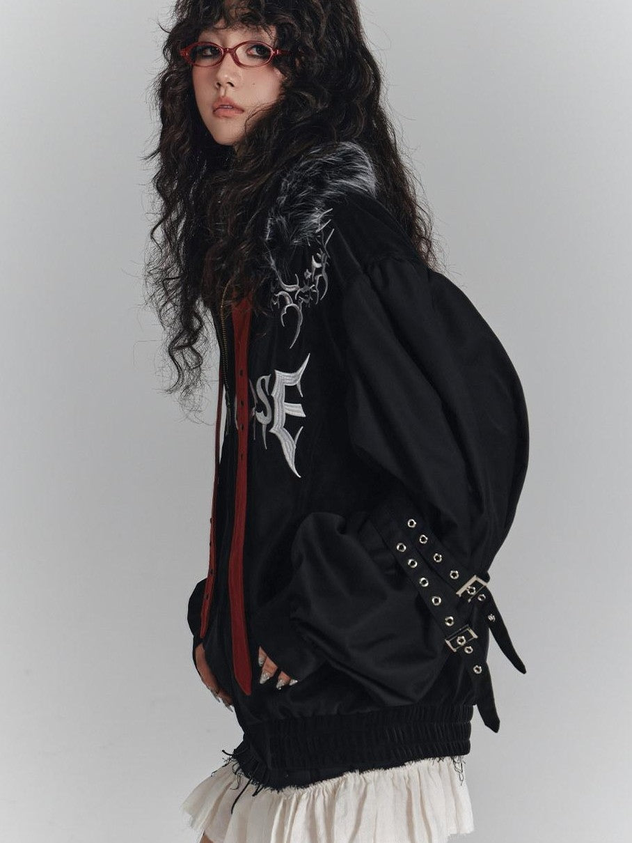 YUKAHOUSE Black American Embroidered Fur Collar Loose Women's Cotton Puffer Jackets