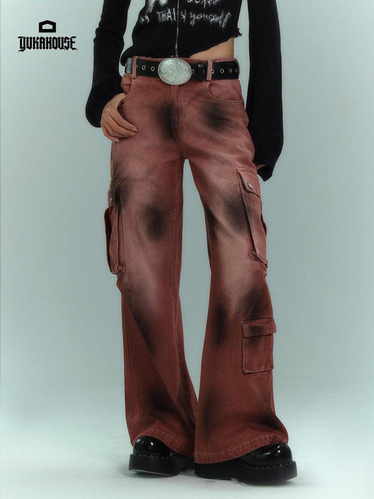 YUKAHOUSE Black And Burgundy Distressed Vintage Women's High Waist Denim Wide-leg Jeans
