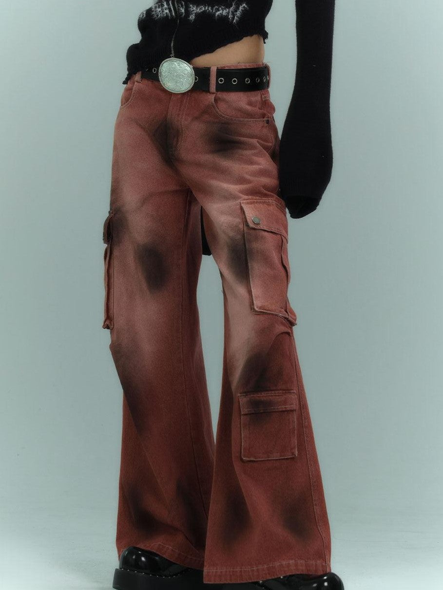 YUKAHOUSE Black And Burgundy Distressed Vintage Women's High Waist Denim Wide-leg Jeans