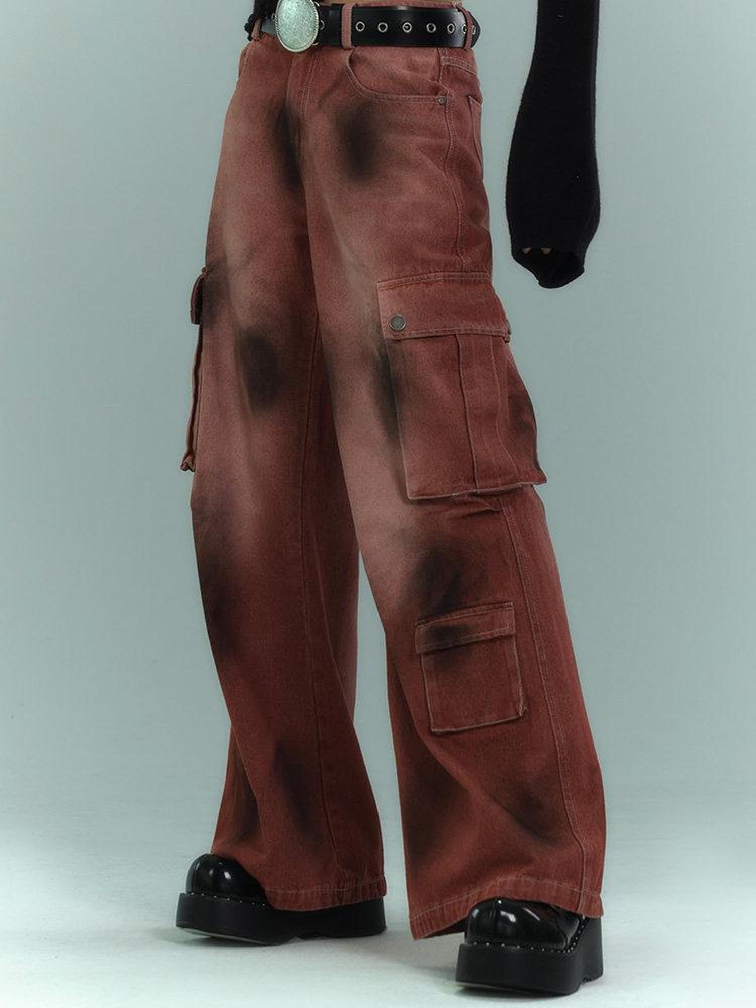 YUKAHOUSE Black And Burgundy Distressed Vintage Women's High Waist Denim Wide-leg Jeans