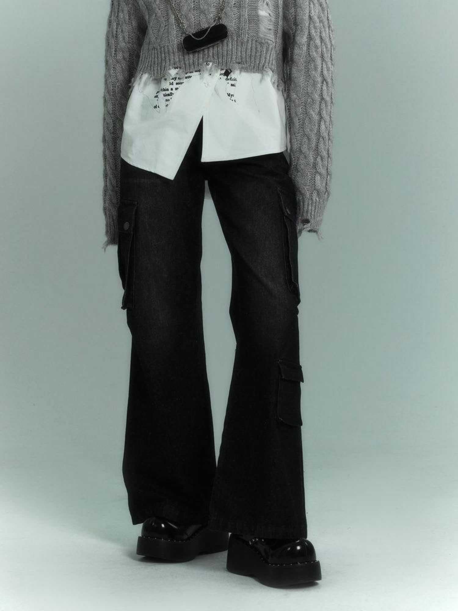 YUKAHOUSE Black And Burgundy Distressed Vintage Women's High Waist Denim Wide-leg Jeans