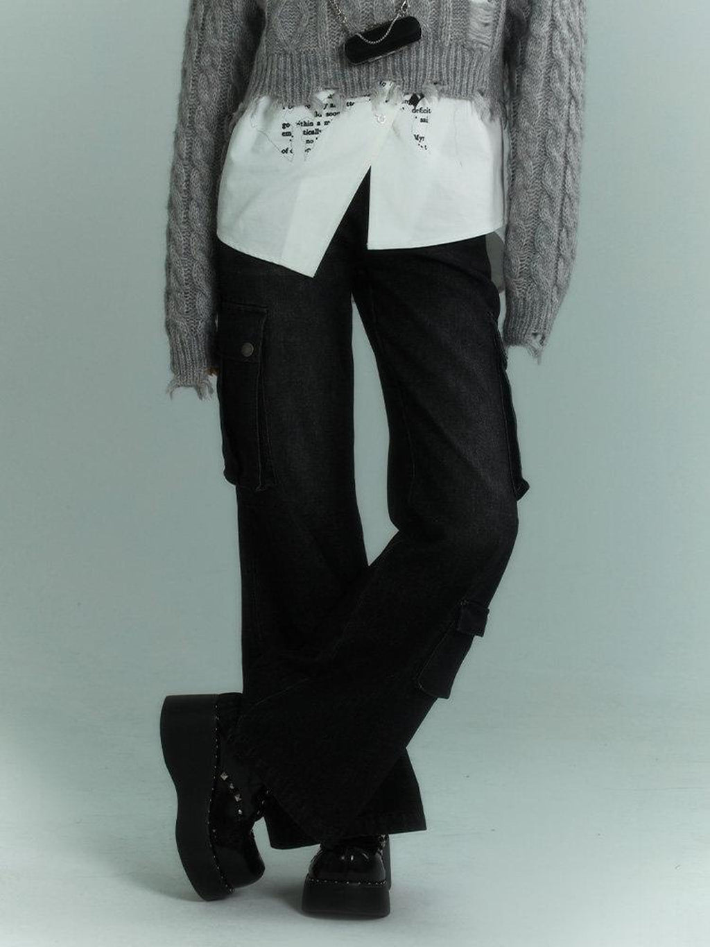 YUKAHOUSE Black And Burgundy Distressed Vintage Women's High Waist Denim Wide-leg Jeans