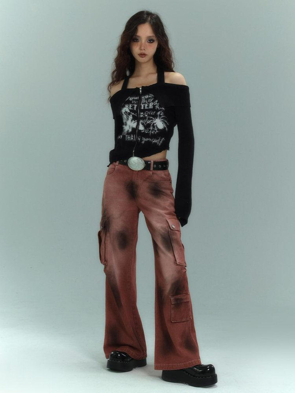 YUKAHOUSE Black And Burgundy Distressed Vintage Women's High Waist Denim Wide-leg Jeans