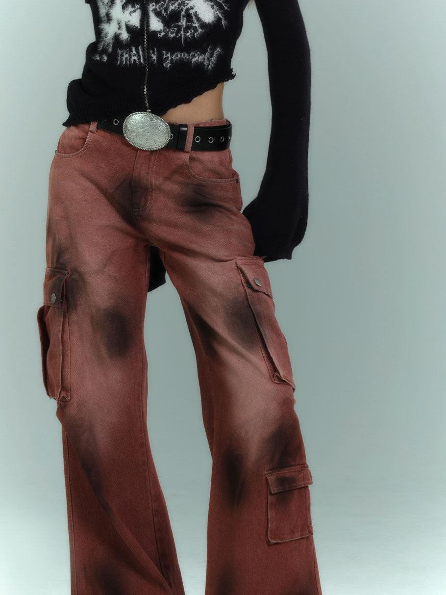 YUKAHOUSE Black And Burgundy Distressed Vintage Women's High Waist Denim Wide-leg Jeans