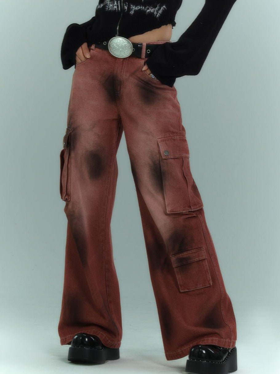 YUKAHOUSE Black And Burgundy Distressed Vintage Women's High Waist Denim Wide-leg Jeans